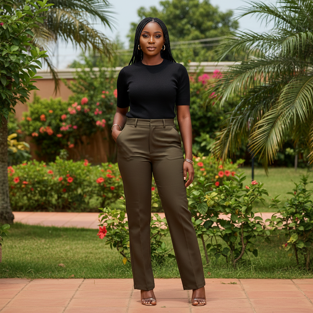 Women's Dark Olive Straight-Leg Trousers — Model Shot