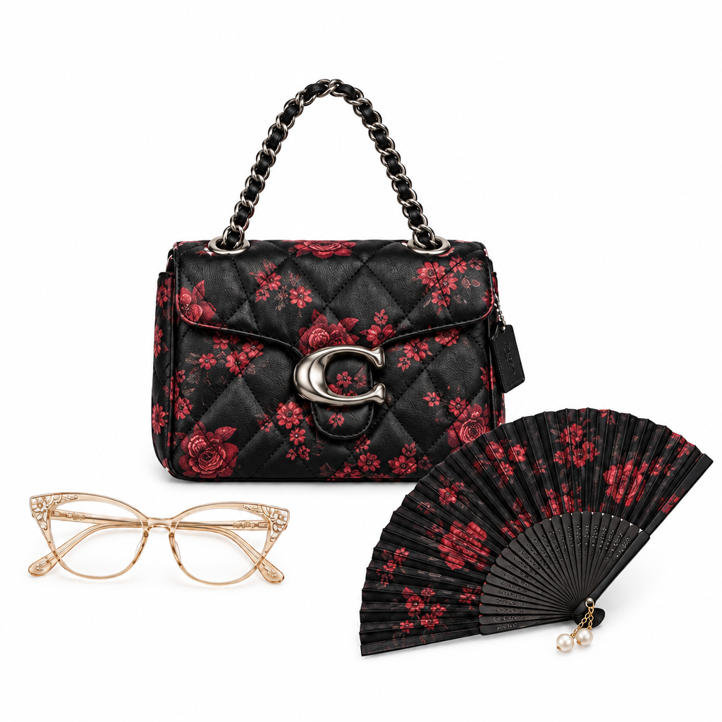 Black floral handbag with eyeglasses and folding fan on white