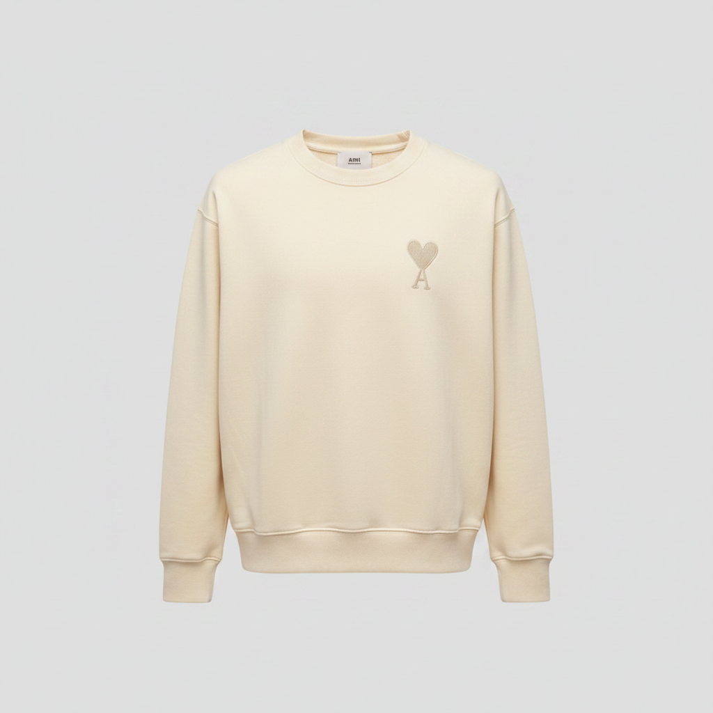 Men's Cream Heart Logo Round Neck Sweatshirt – Ghost Mannequin Front View