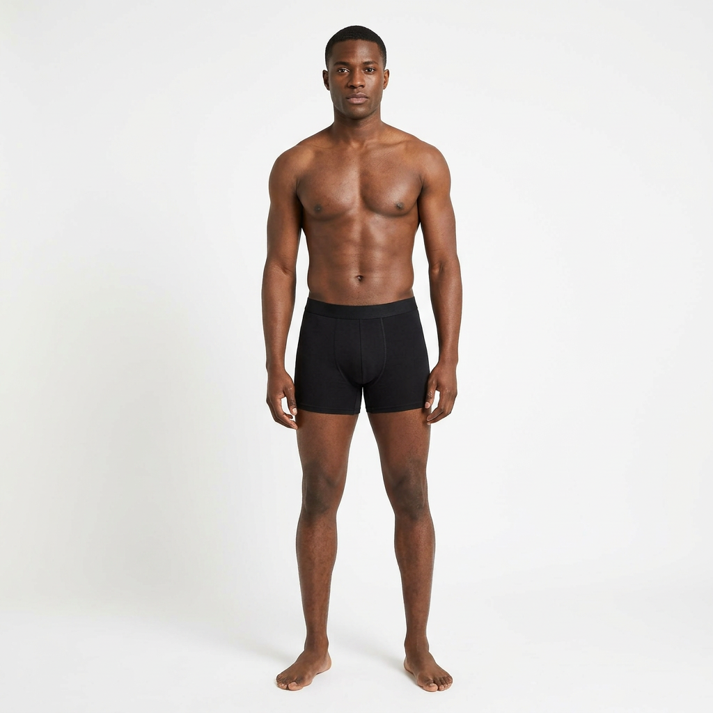 AI-generated adult model wearing black boxer briefs preview