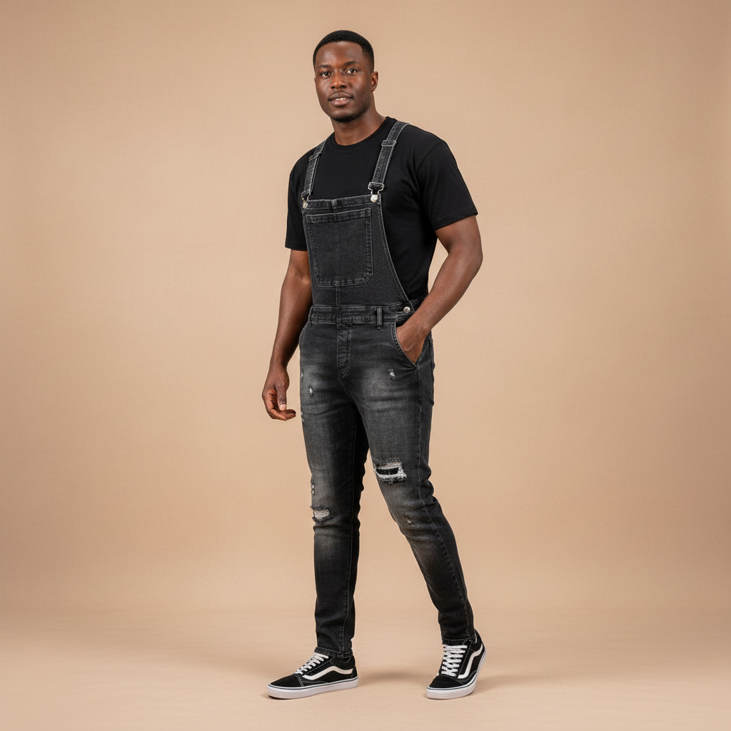 Man wearing washed black distressed denim bib overalls over a black t-shirt