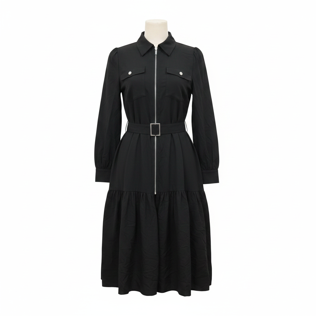 Black Zip-Front Belted Midi Shirt Dress - Ghost Mannequin Front