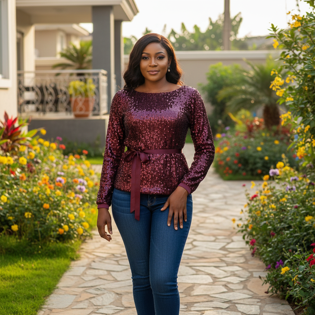 Burgundy sequin belted long sleeve top - front model view