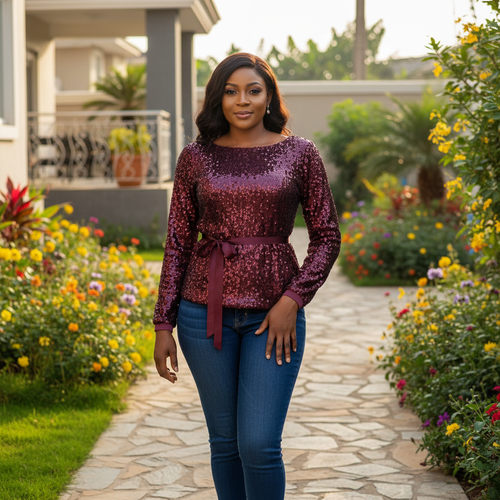 Burgundy sequin belted long sleeve top - front model view