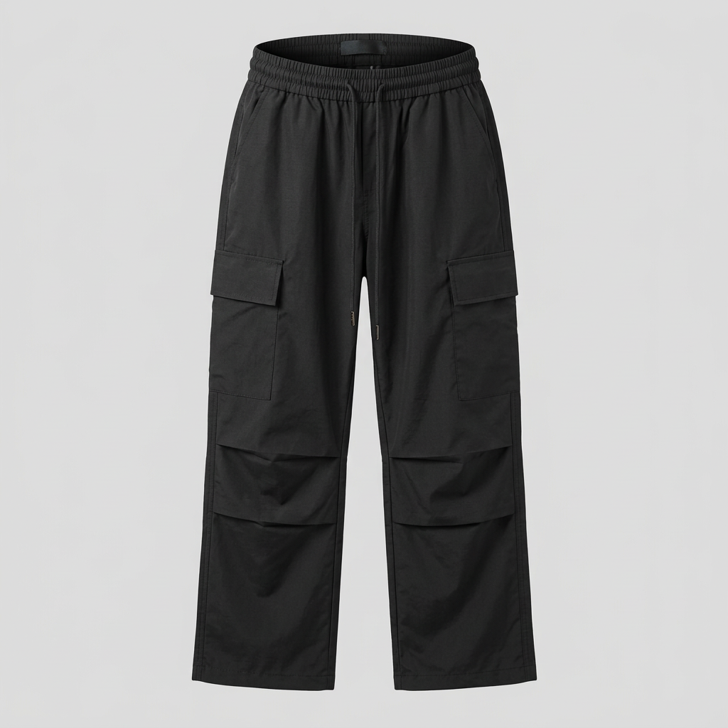 Black drawstring panelled cargo trousers, ghost mannequin front view