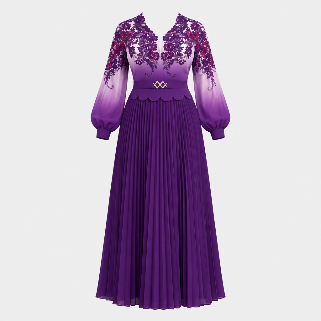Purple floral pleated dress on invisible mannequin, front view