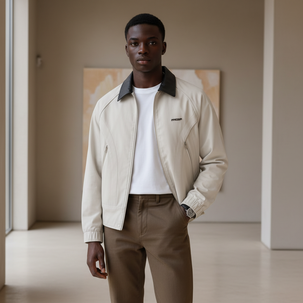 Model wearing cream contrast collar zip-up jacket