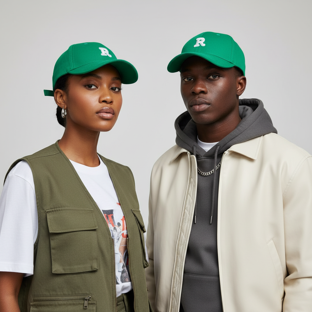 Nigerian Gen Z male and female models wearing kelly green R letter embroidered baseball cap