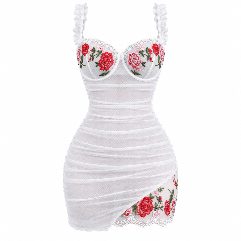 Rose Embroidery Mesh Ruched Slip Dress – White
