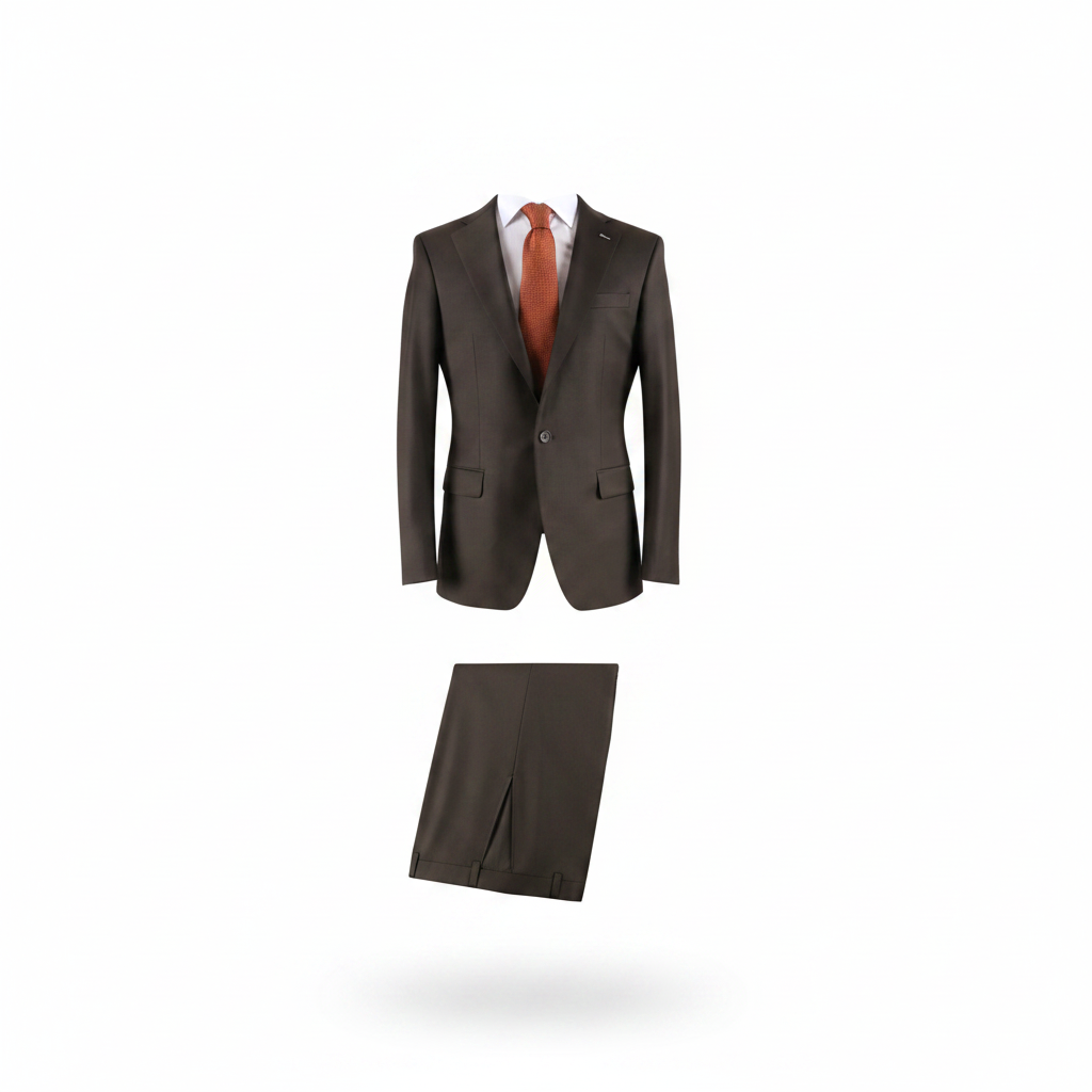 Men's dark olive brown 2-piece single-breasted formal suit on ghost mannequin, white background