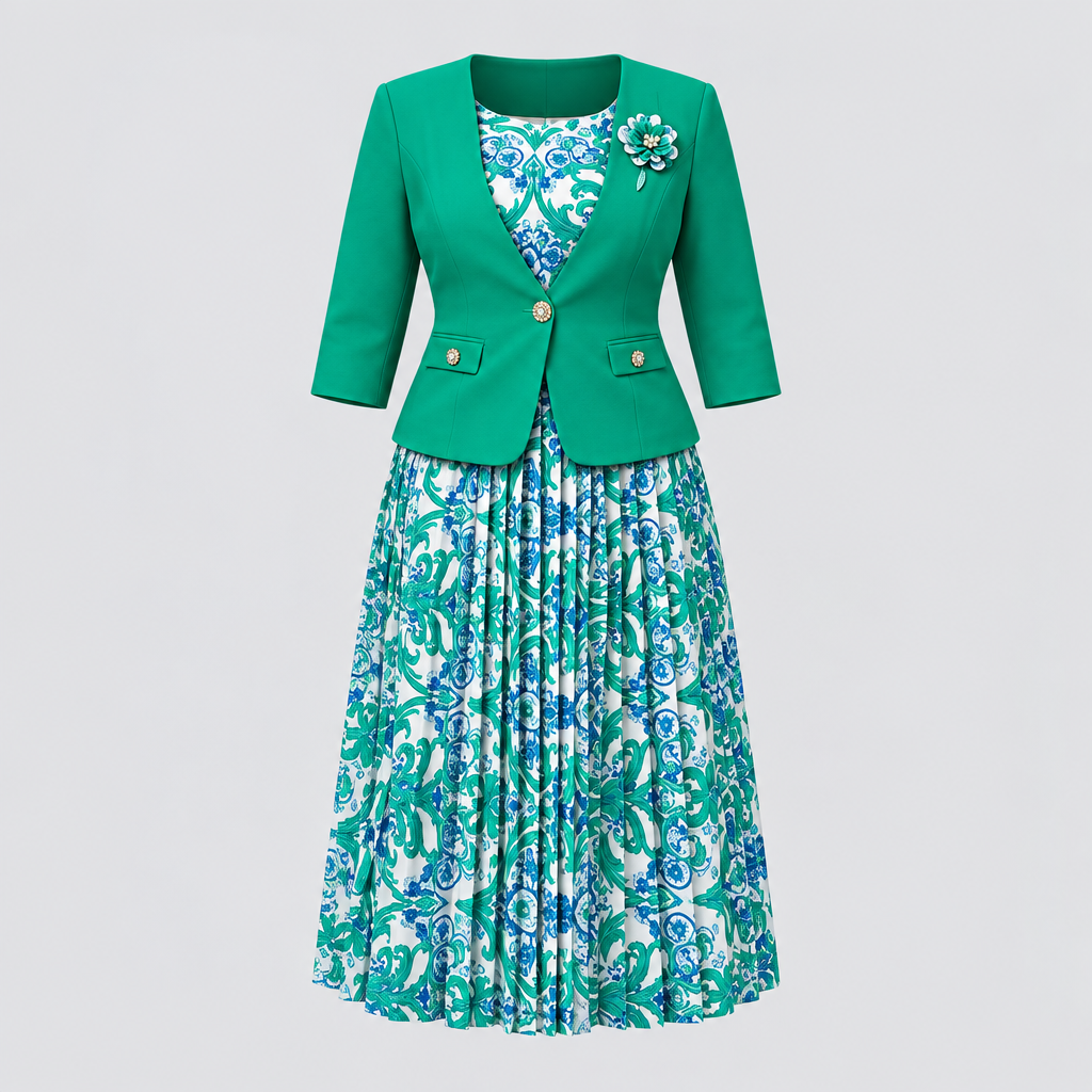 Emerald green patterned midi dress and fitted jacket set