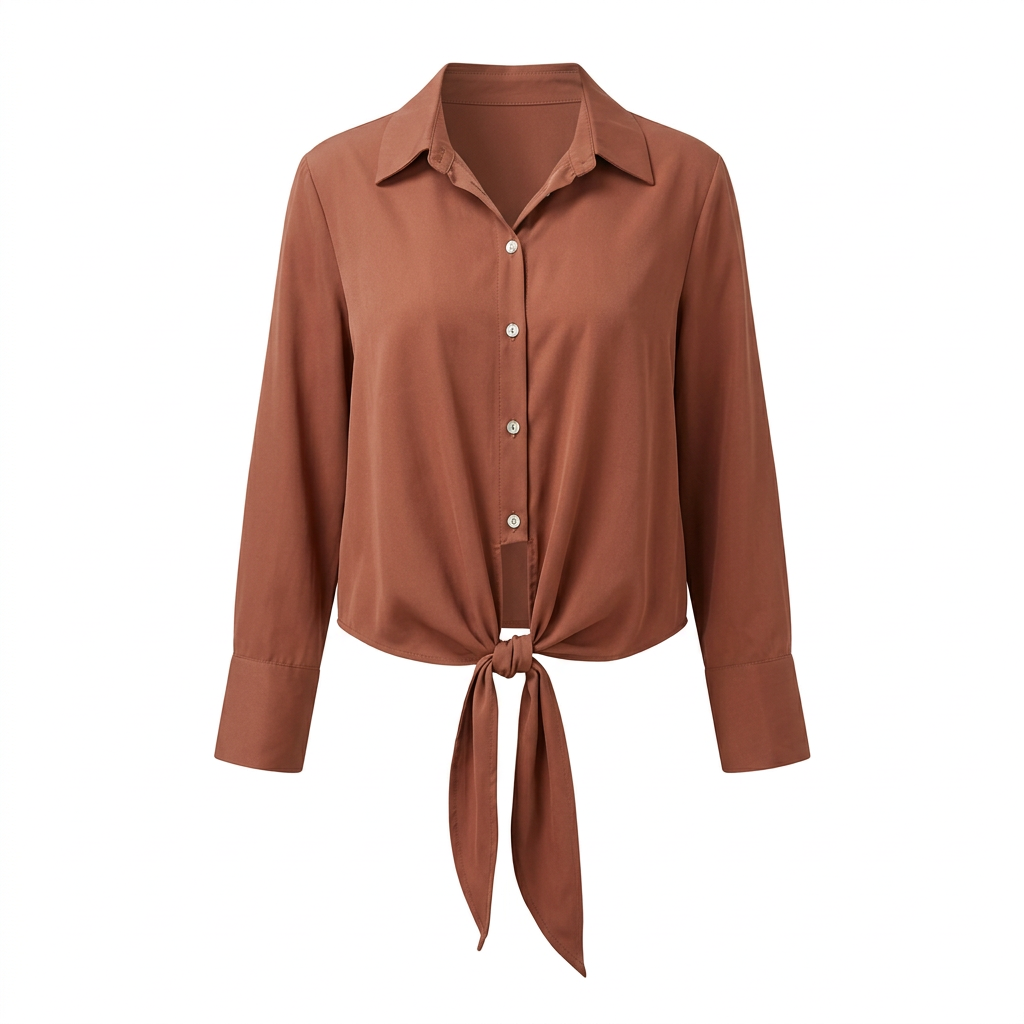 Rust-brown long-sleeve tie-front shirt on an invisible mannequin