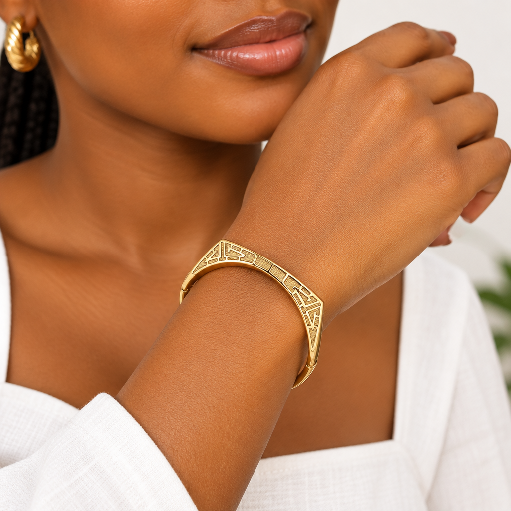 Gold Geometric Angular Hinged Bangle – Model Shot
