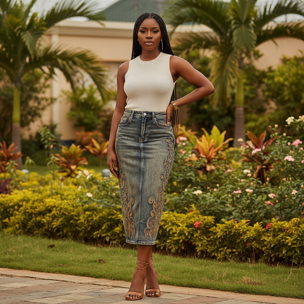 Model Shot – Gold Embroidered Denim Midi Skirt