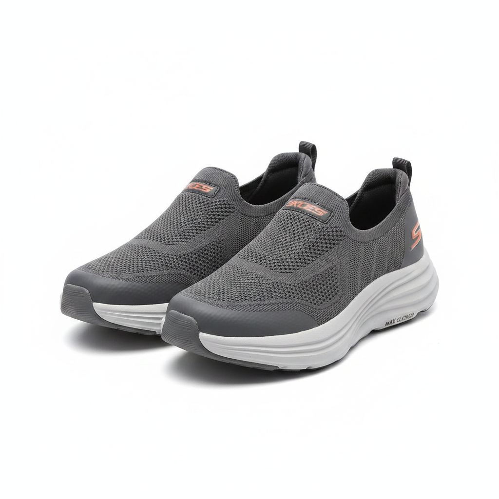 Men's charcoal grey mesh slip-on sneakers ghost mannequin front view