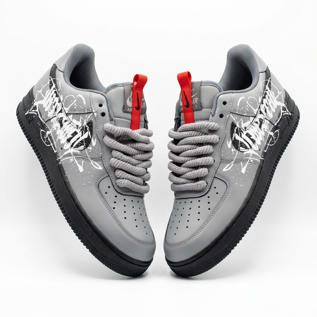 Pair of grey graphic rope-lace low-top sneakers on a white background