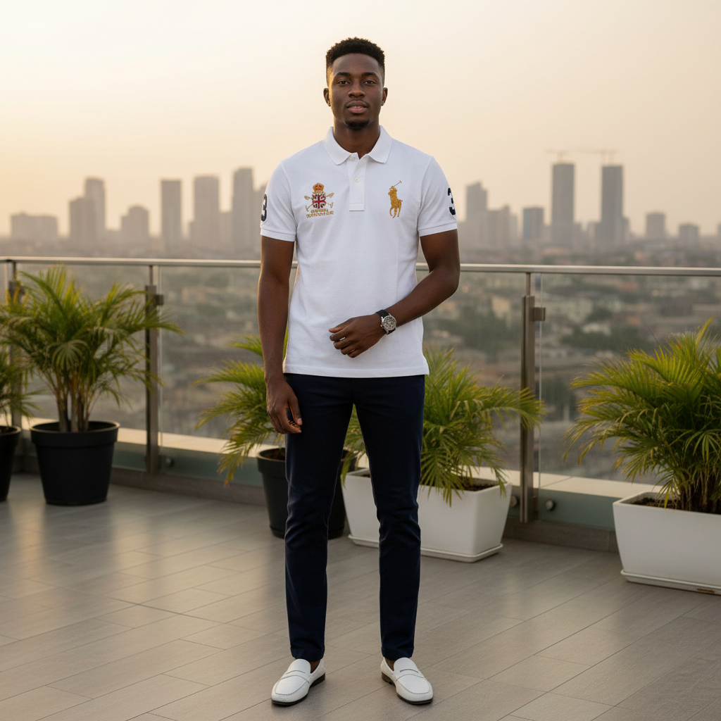 Nigerian male model wearing white polo shirt with gold crest embroidery