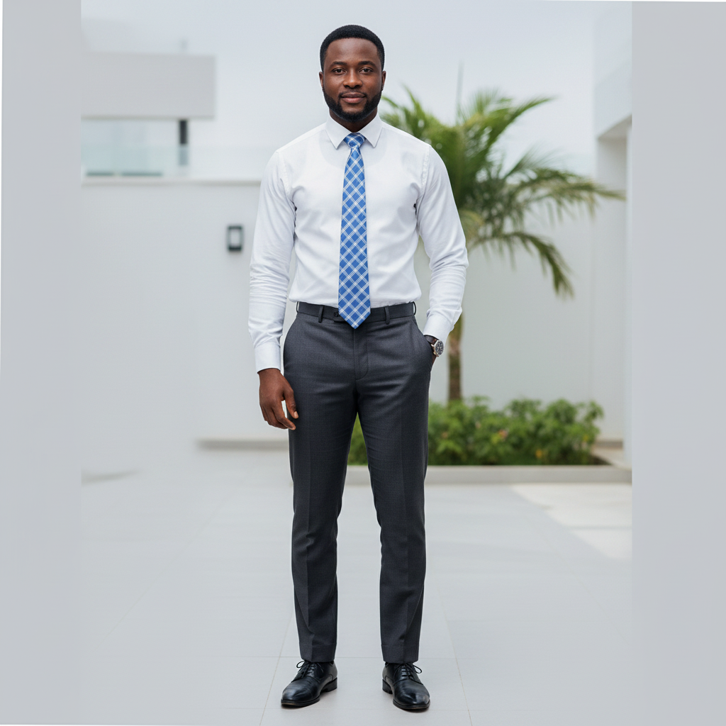 Nigerian male model wearing blue diagonal plaid check woven necktie with white shirt