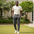 Nigerian male model wearing charcoal grey waffle-knit patch jogger pants