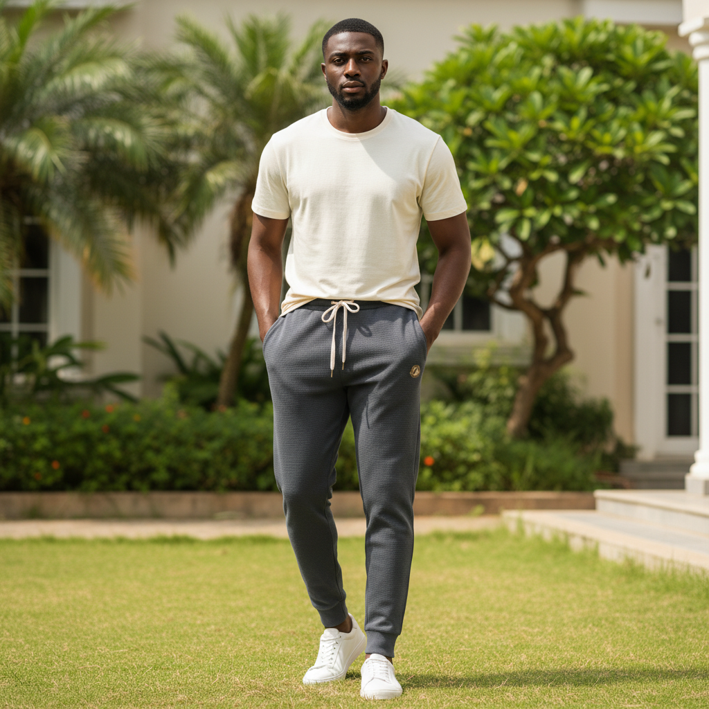 Nigerian male model wearing charcoal grey waffle-knit patch jogger pants