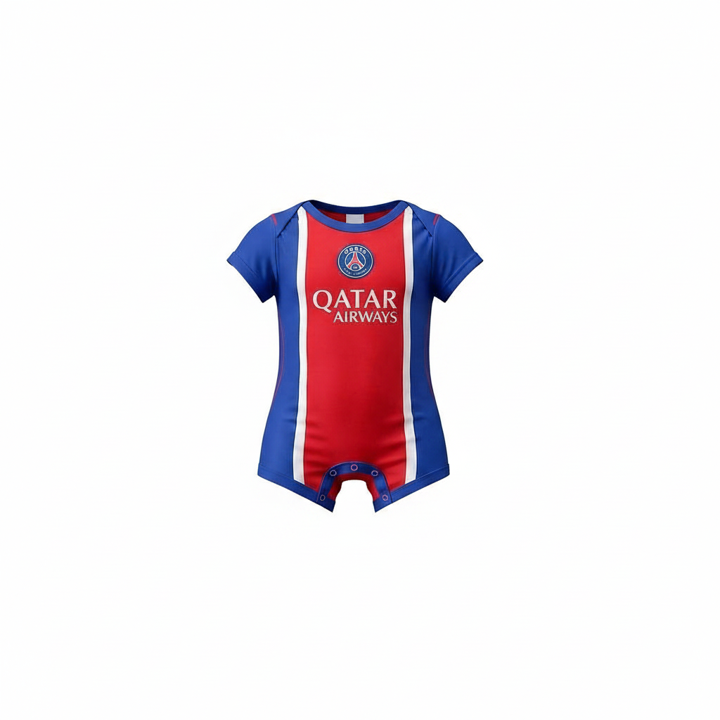 Baby blue & red vertical stripe football romper bodysuit – ghost mannequin front view on white background