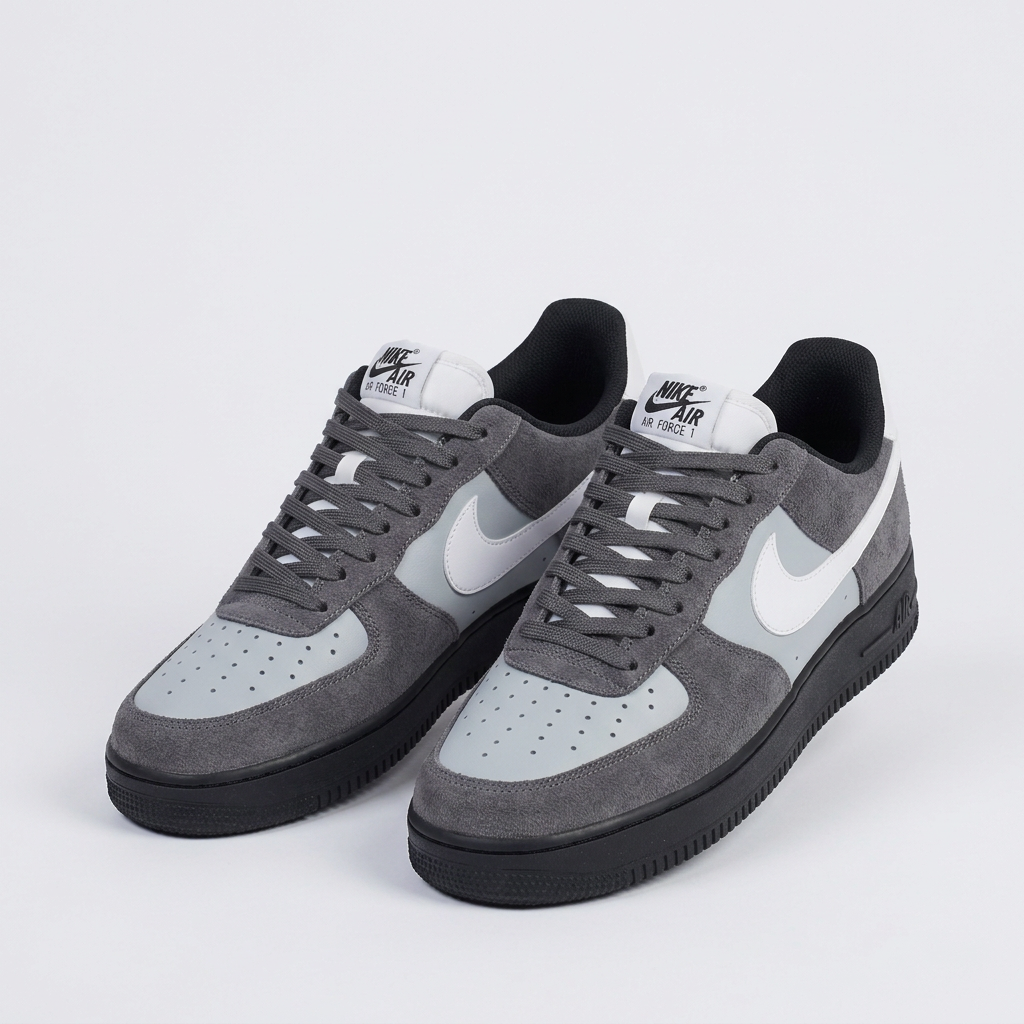 Ghost mannequin pair of grey black-sole sneakers matching the model shot design