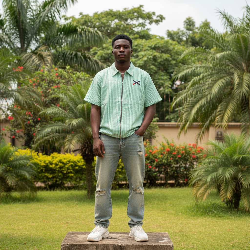 Nigerian male model wearing mint green pinstripe zip-up varsity shirt – full body lifestyle shot