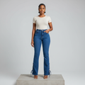 Medium Blue Lace-Up Hem Slim Denim Jeans - Model Front