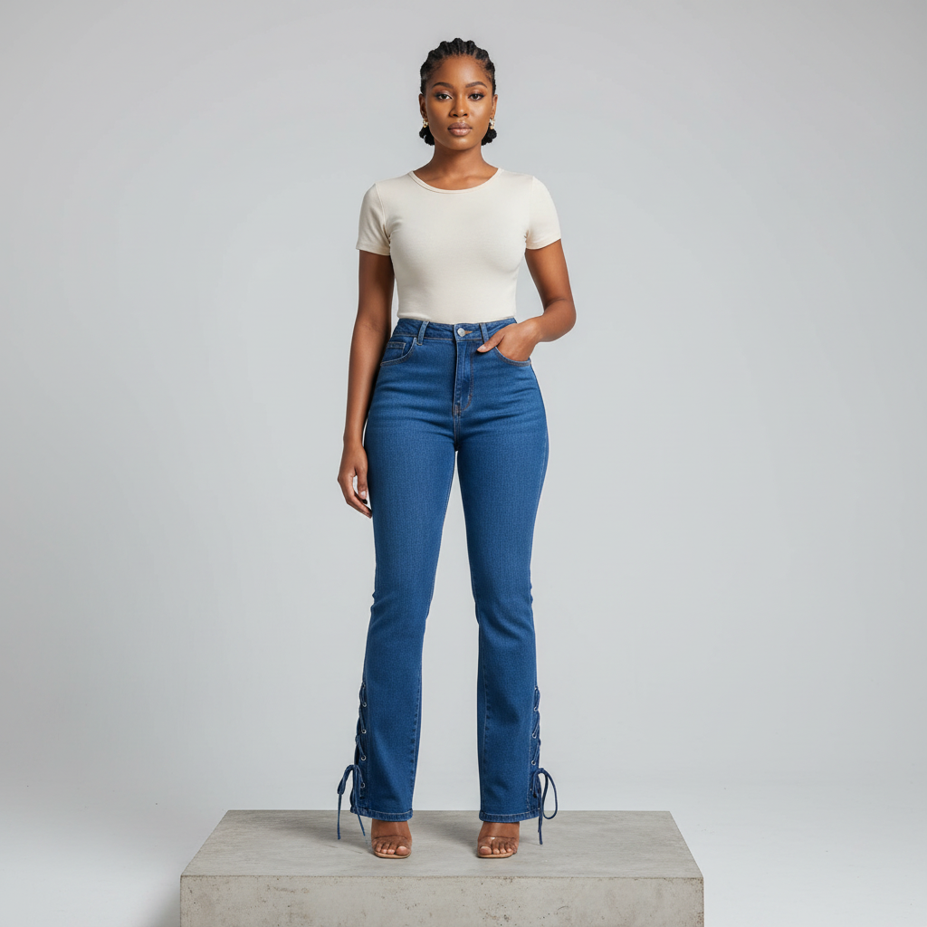 Medium Blue Lace-Up Hem Slim Denim Jeans - Model Front