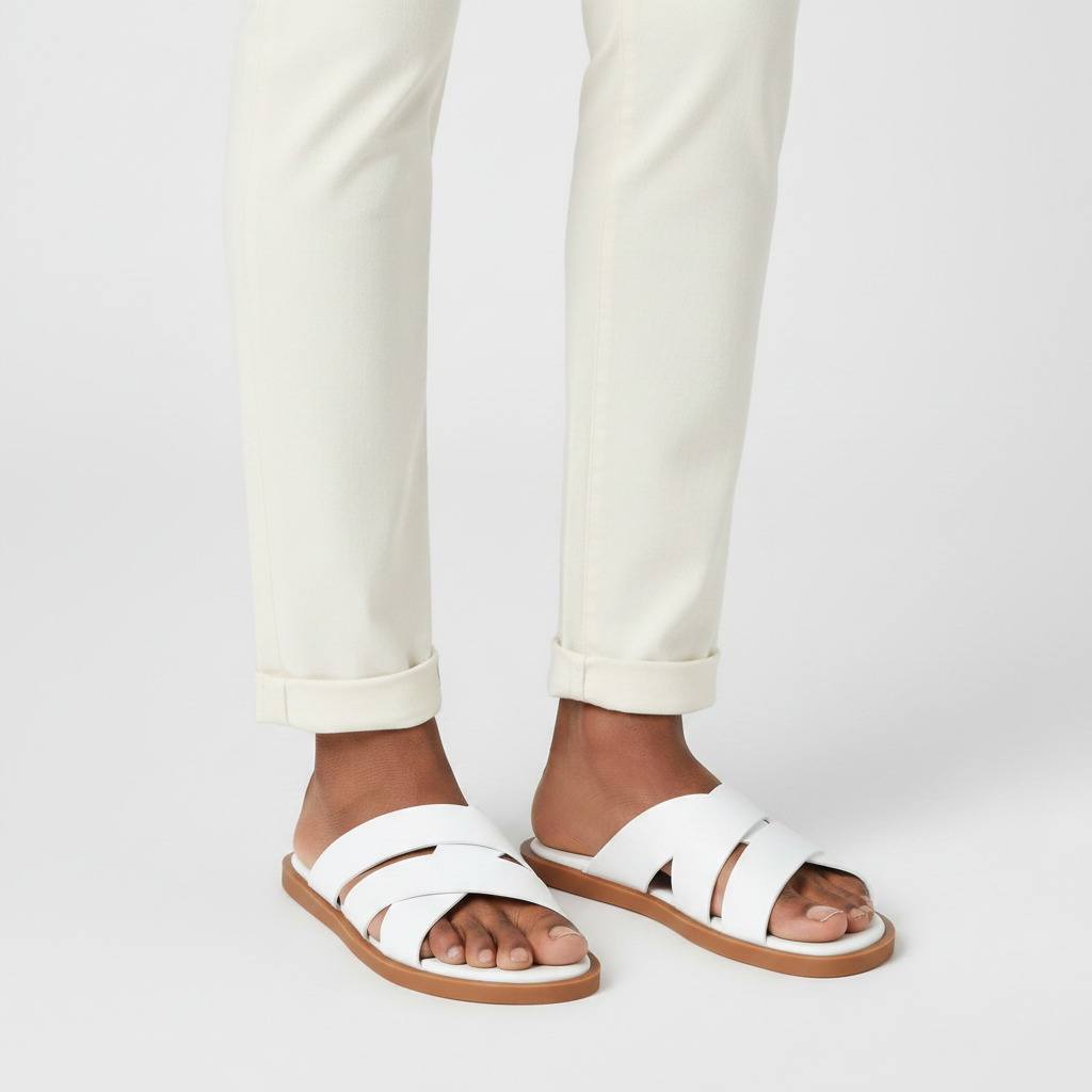 Close-up leg focus showing both men's white leather double cross-strap slide sandals with cream trouser hem