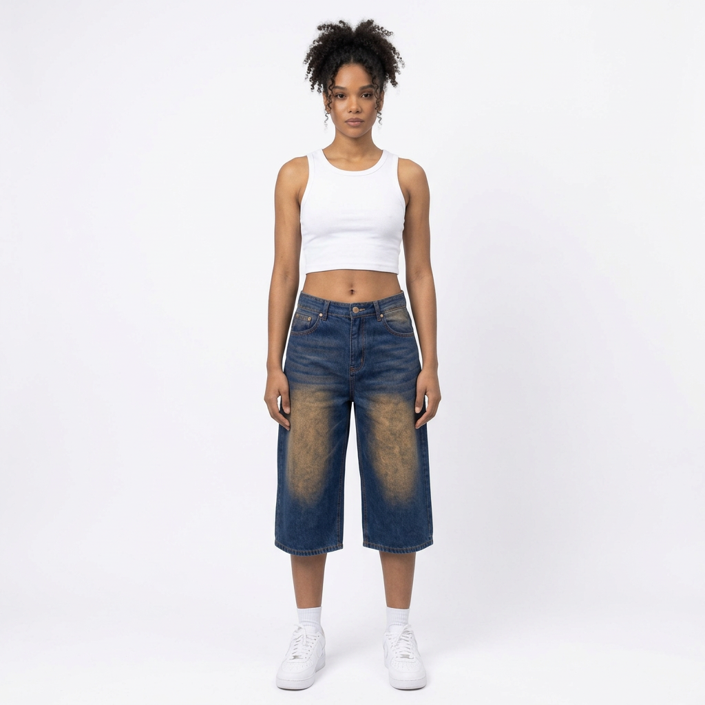 Nigerian female model wearing vintage-wash denim Bermuda shorts