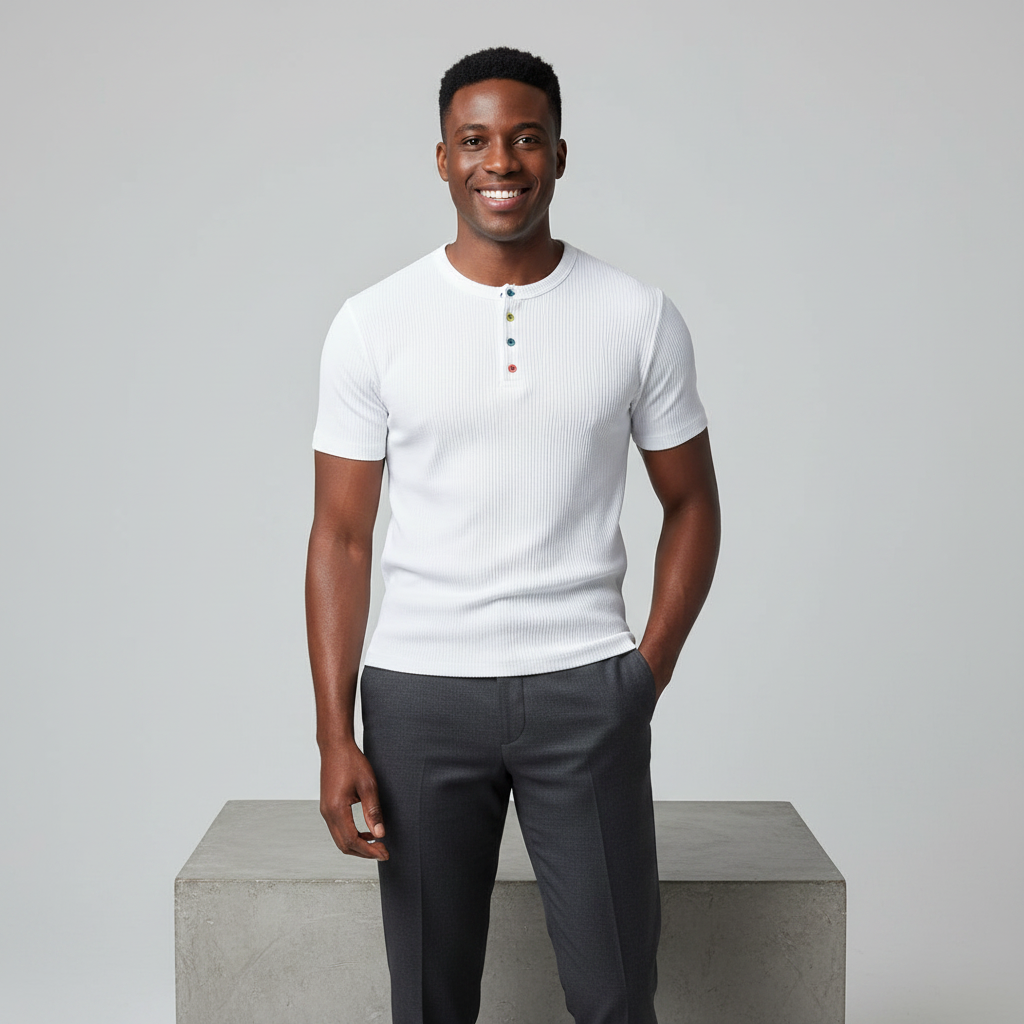 White Ribbed Henley Short-Sleeve Shirt - Model Front