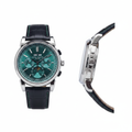 Men's silver steel chronograph emerald green dial moon phase watch — ghost mannequin front and side view, black leather strap green stitching