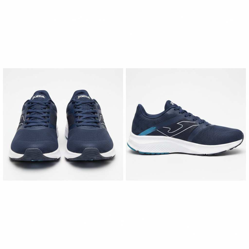Men's navy blue mesh lace-up athletic runner sneaker ghost mannequin front and side view pair