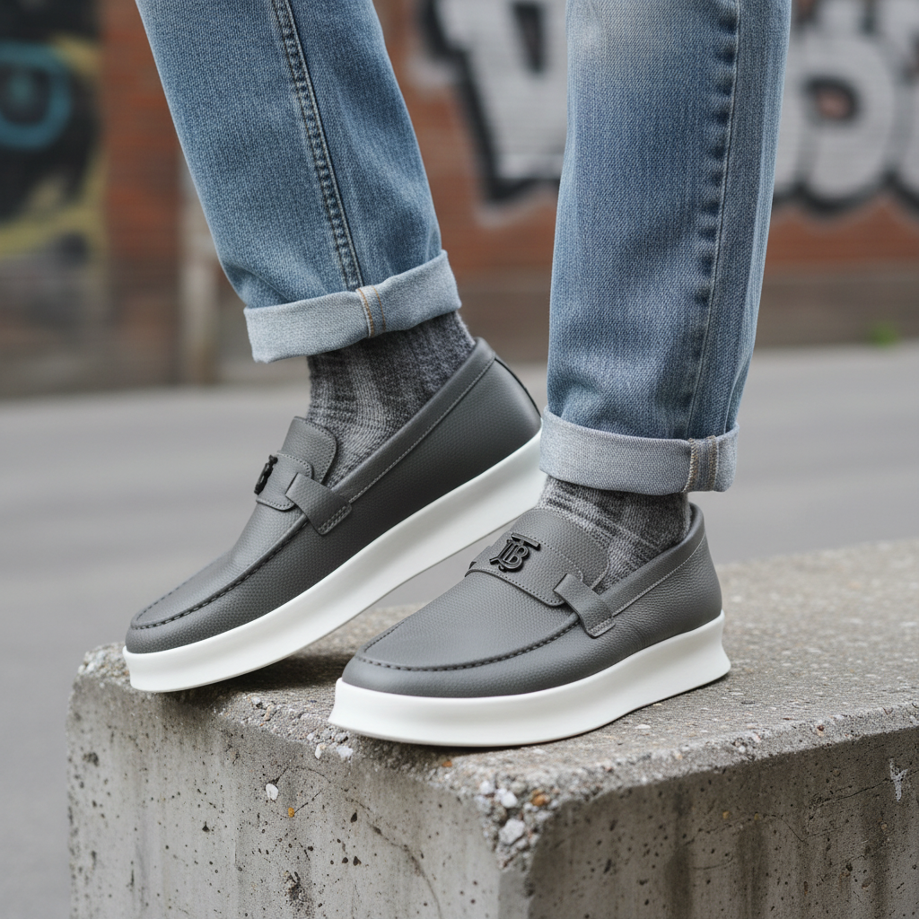 Model wearing grey pebbled leather slip-on loafers with black buckle leg shot