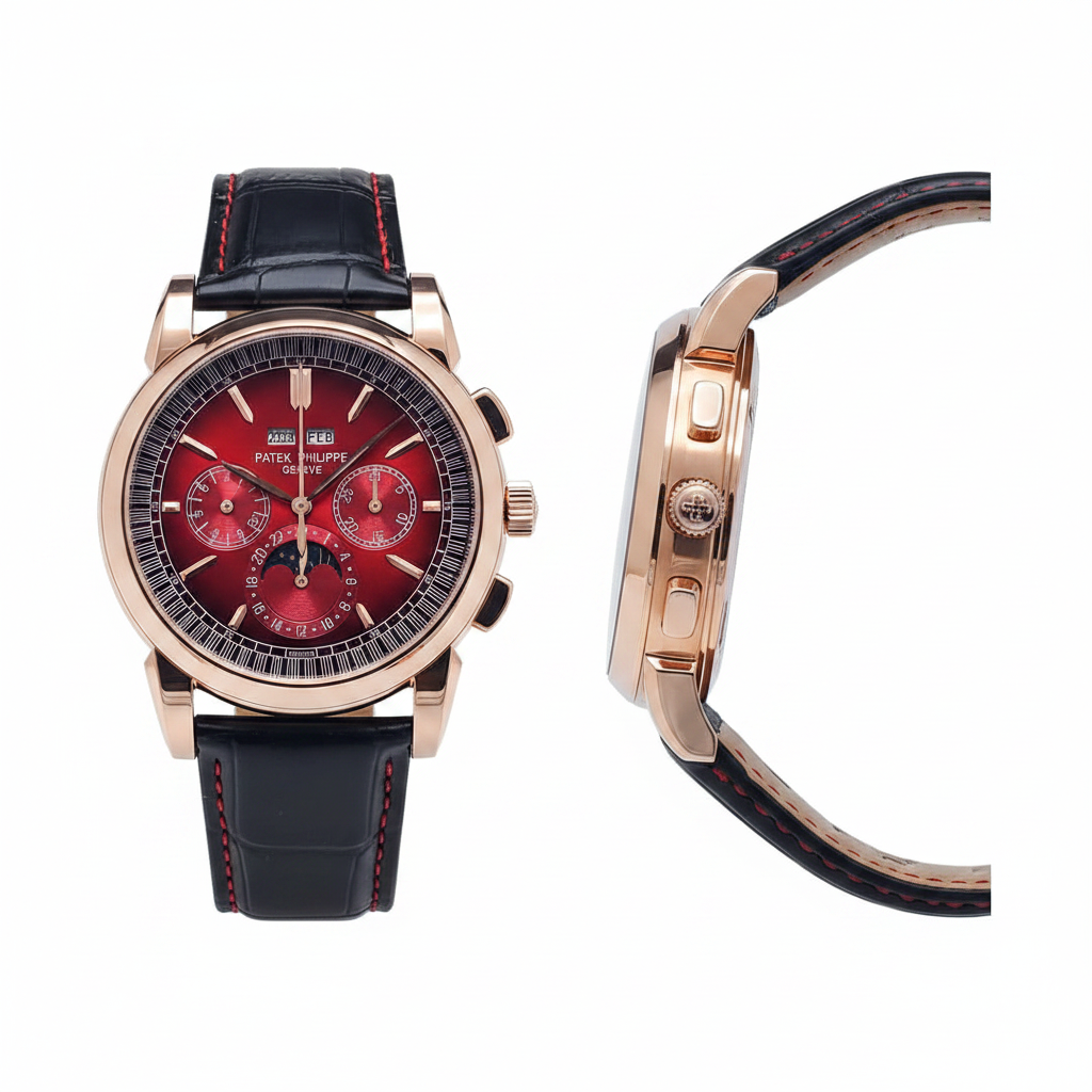 Men's rose gold chronograph crimson red dial moon phase watch — ghost mannequin front and side view, black leather strap red stitching