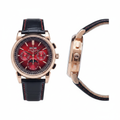 Men's rose gold chronograph crimson red dial moon phase watch — ghost mannequin front and side view, black leather strap red stitching