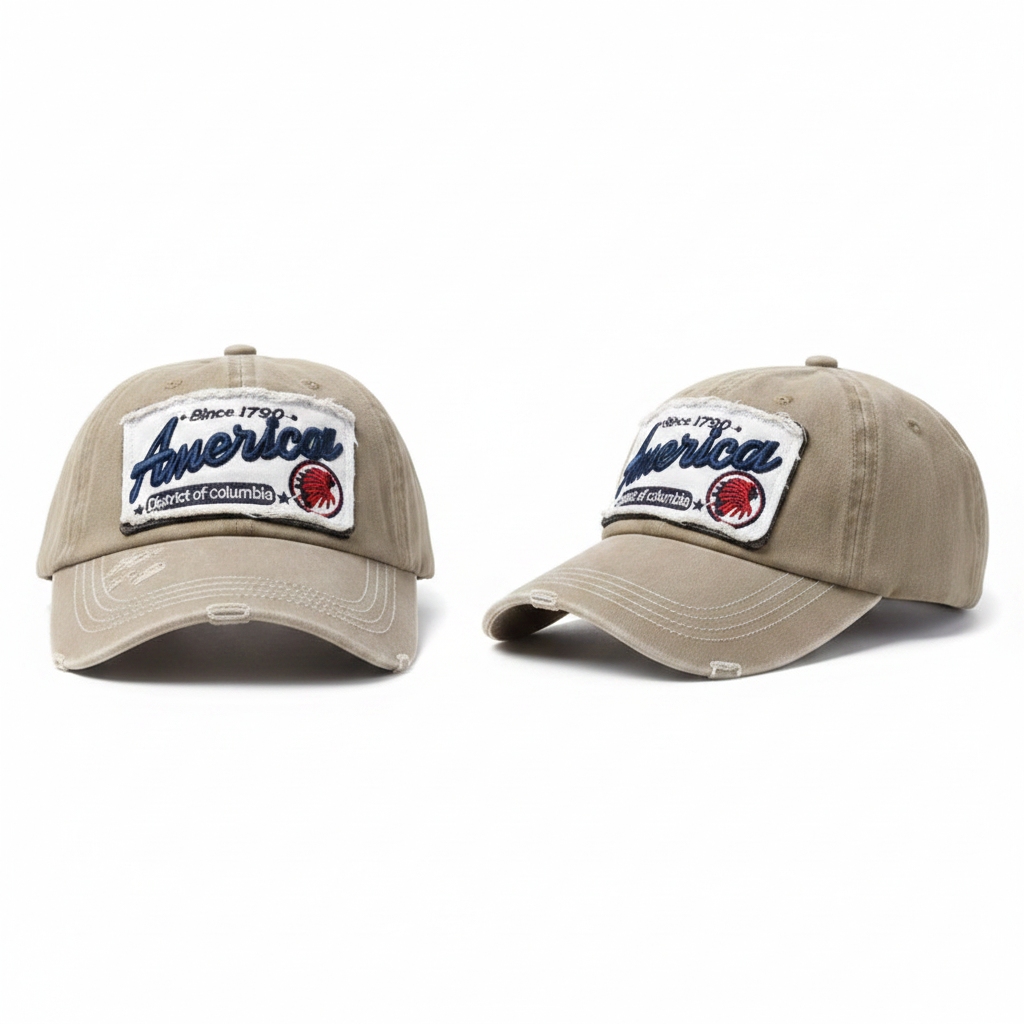Khaki washed distressed vintage patch dad cap product shot front and side view