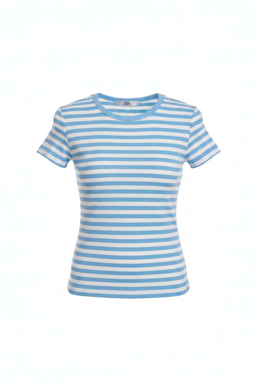 Sky Blue & White Stripe Fitted Top - Ghost Mannequin