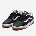 Pair of black contrast-stitch sneakers with white stripes and gum soles on white