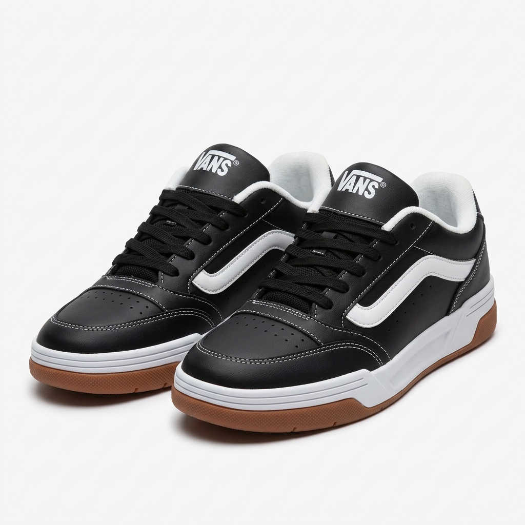 Pair of black contrast-stitch sneakers with white stripes and gum soles on white