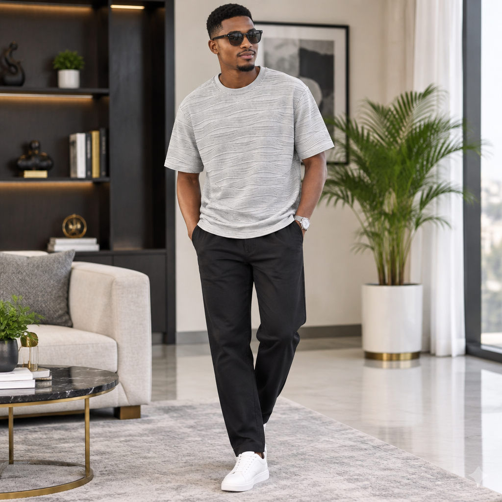 Wavy Ripple Texture Crew Neck Tee – Model Shot