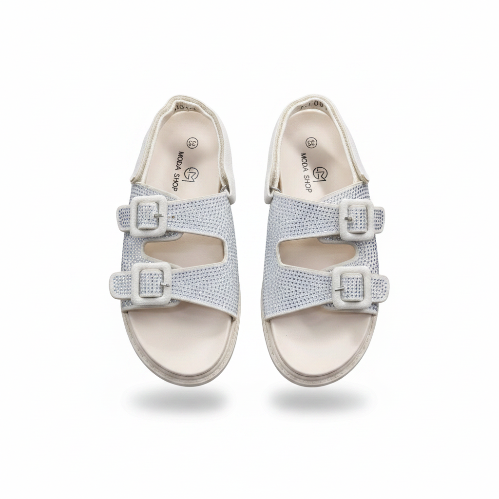 Women's white rhinestone double-strap platform sandal ghost mannequin pair view