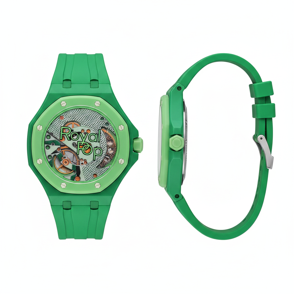 Unisex all-green octagonal skeleton pop watch with open dial showing gold mechanical movement, front and side view