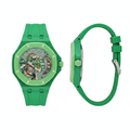 Unisex all-green octagonal skeleton pop watch with open dial showing gold mechanical movement, front and side view