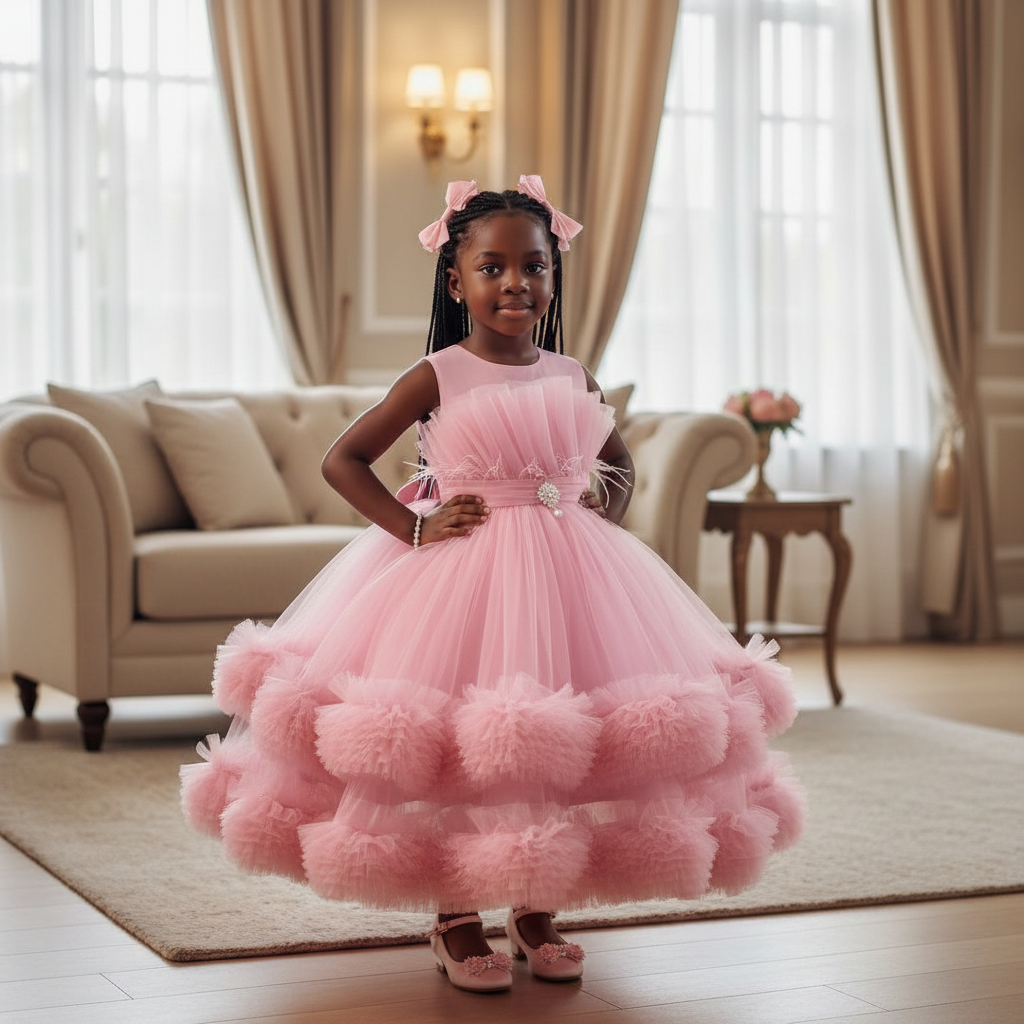 Girls Pink Ruffle Tulle Gown - Model Shot