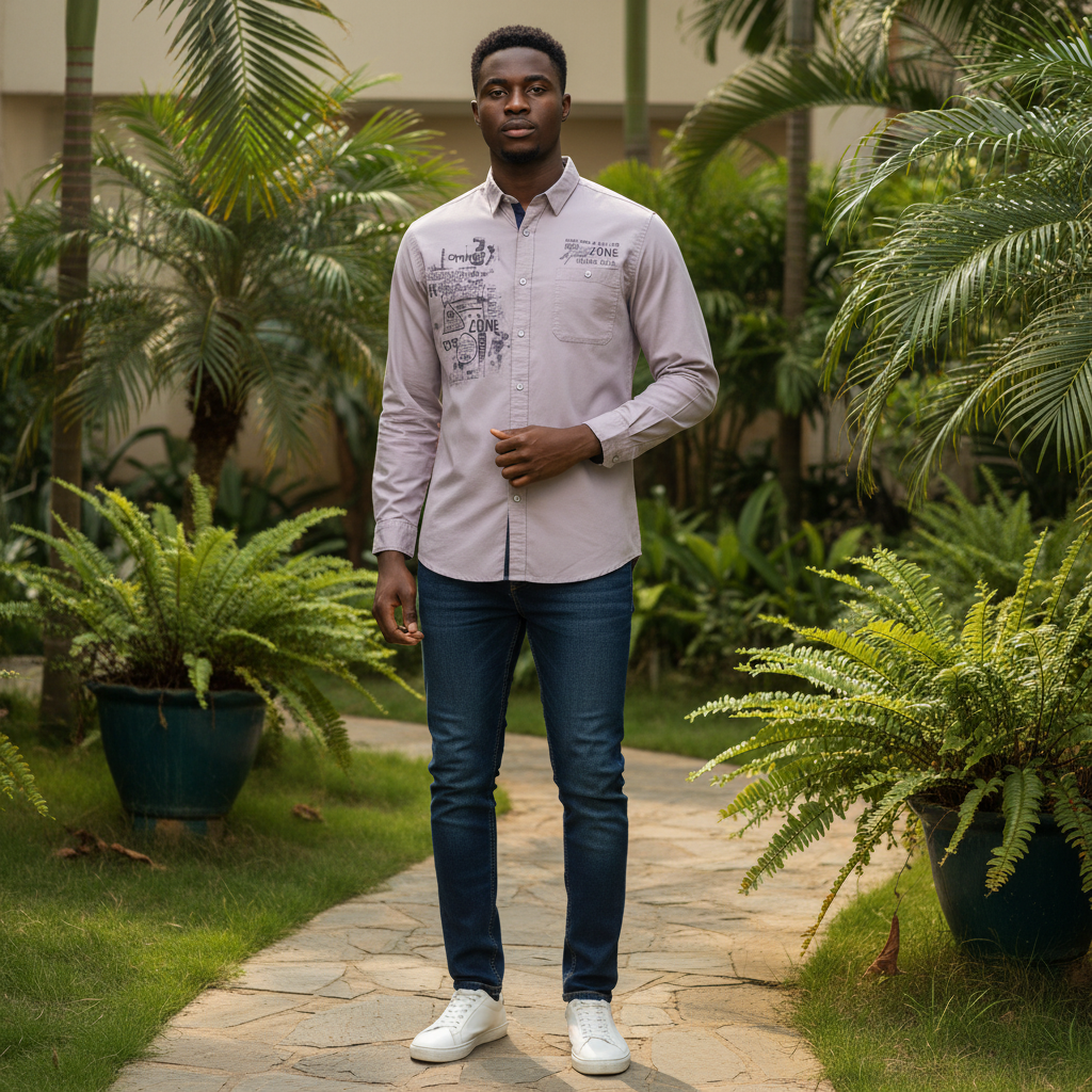 Young Nigerian male wearing light mauve grey urban zone typography graphic long sleeve shirt