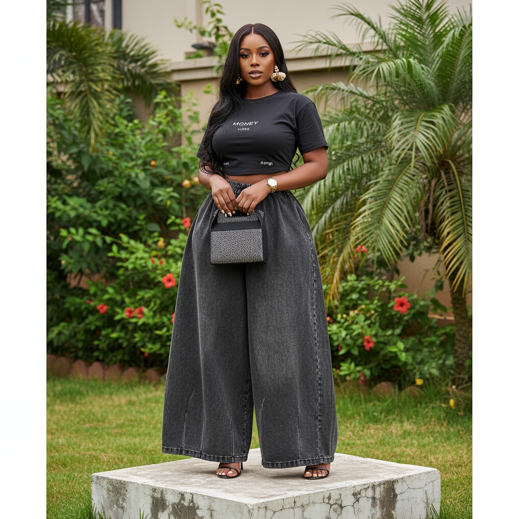 Nigerian female model wearing women's washed black ultra wide-leg palazzo denim culottes, garden setting