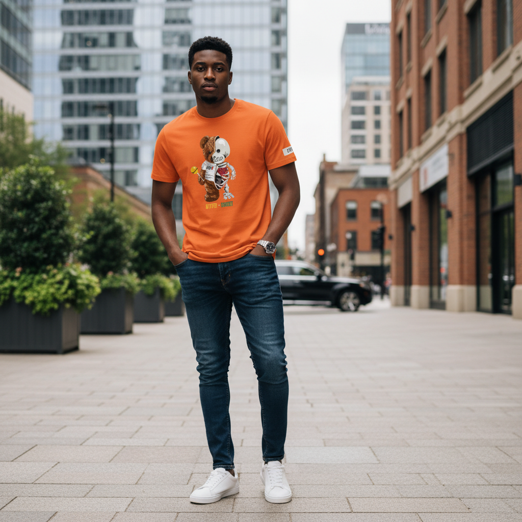 Men's Orange Bitter-Sweet Teddy Bear Graphic T-Shirt - Model Shot
