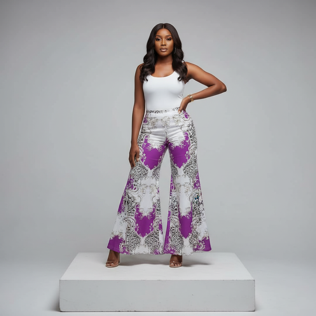 Purple Baroque Print Wide-Leg Trousers - Model Front